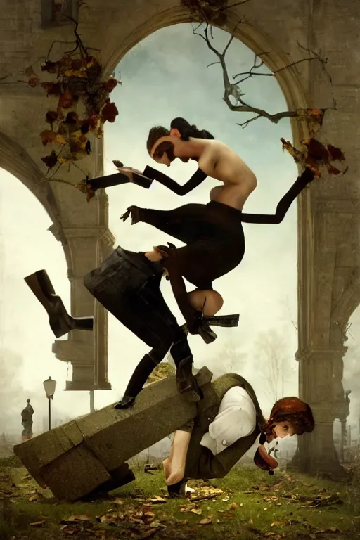 Image similar to man breaking into pieces while a woman tries to hold the fallen parts, surreal, ray caesar and john constable