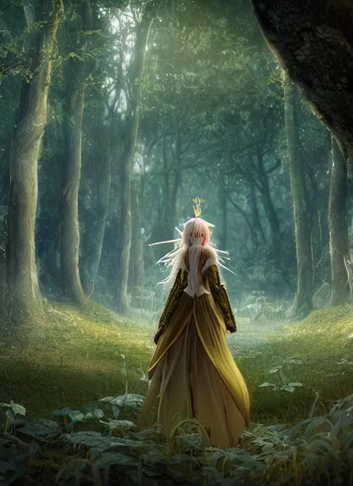 Prompt: magical forest with gold and silver leafs, music, girl with blond long hair back view, elves, lord of the rings style, ultra detailed, trending on artstation, concept art, octane render, unreal engine,