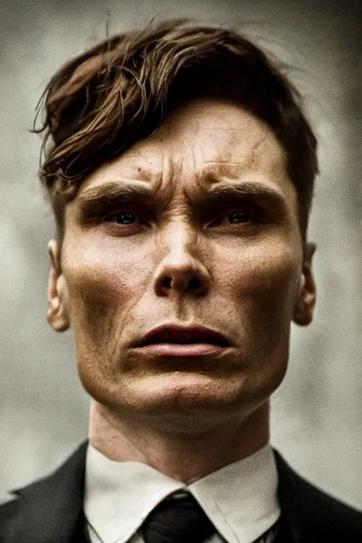 Prompt: portrait Cillian Murphy in Peaky Blinders very angry screaming beautiful face, Perfect detailed face, front view fire in the background, dramatic, gloomy, dark, bleak, cheerless, desolate, impressive, tragic, cinematic, dull colours, dark colour scheme, atmospheric by Christopher Nolan