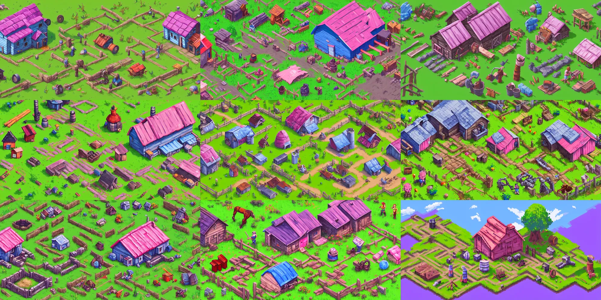 Prompt: game asset of farm house and farming tools, pixel art references, in gouache detailed paintings, props, stylized, 2 d sprites, kitbash, arcane, overwatch, blue and pink color scheme, 8 k, close up