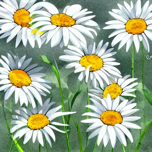 Prompt: a perfect, realistic professional digital sketch of daisies, by pen and watercolor, by a professional Chinese Korean artist on ArtStation, on high-quality paper