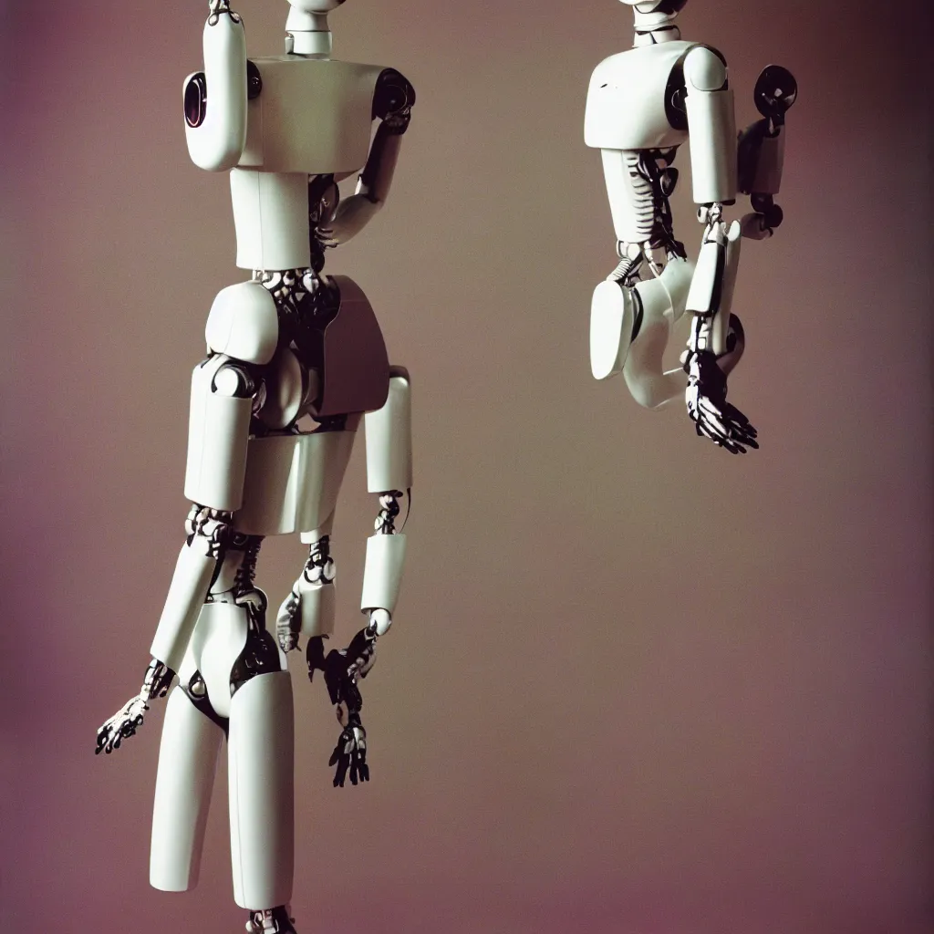 Prompt: Vogue fashion photograph of a robot, Annie Leibovitz, 50mm, pentax, film