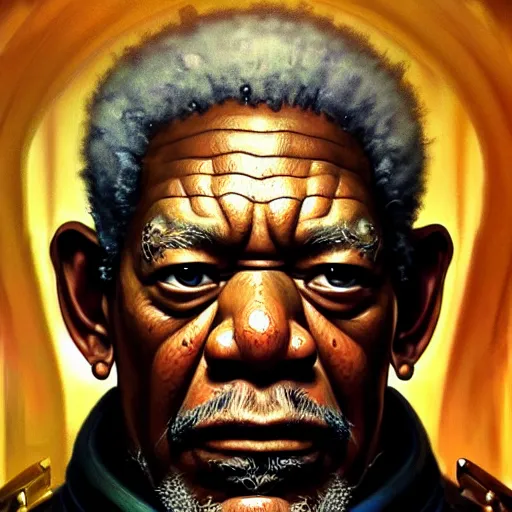 Image similar to portrait of warhammer 4 0 k morgan freeman, intricate, headshot, highly detailed, digital painting, artstation, concept art, sharp focus, cinematic lighting, illustration, art by artgerm and greg rutkowski, alphonse mucha, cgsociety