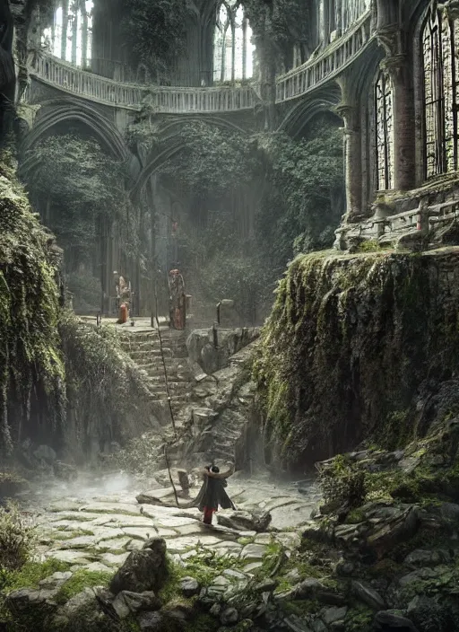 Image similar to medieval adventurers in lord of the rings scenery landscape, inside an enormous overgrown cathedral, stream, treasure, reflections, portal to another dimension, highly detailed, cinematic lighting, perfect composition, 4 k, gustave dore, derek zabrocki, greg rutkowski, belsinski, octane render