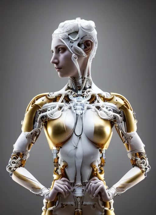 Image similar to a statue made of white marble with gold veins, of an beautiful gorgeous futuristic cybernetic angel athletic girl, prostheses, transhumanism, full body shot, perfect symmetrical body, perfect symmetrical face, hyper realistic, hyper detailed, by johannen voss, by peter kemp, by monia merlo, by michelangelo, octane render, blender, 8 k