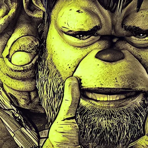 Image similar to beautiful portrait of shrek kissing a minion, concept art by yoji shinkawa, felt tip pen, intricate detail, sharp focus, illustration