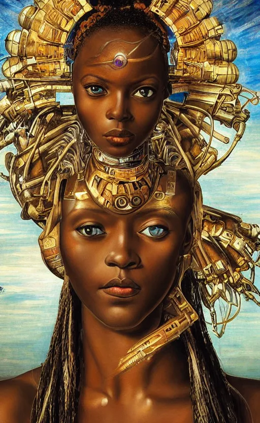 Image similar to beautiful mural painting of a young african cyborg princess muse, dazzling glowing eyes, elegant, striking composition, highly detailed ornate sci fi background, highly detailed, beautiful composition, painting in the style of sandro botticelli, caravaggio, albrecth durer