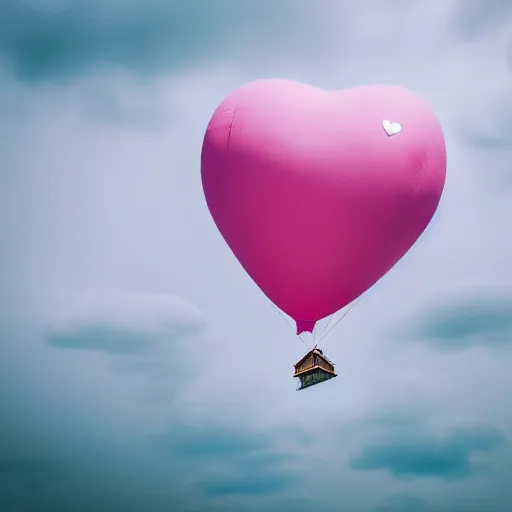 Image similar to a 5 0 mm lens photograph of a cute pink floating modern house, floating in the air between clouds, inspired by the movie up, held up from above by a heart - shaped ballon. mist, playful composition canon, nikon, award winning, photo of the year