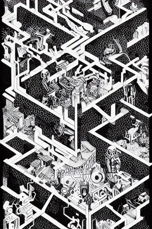 Image similar to portrait of a void engineer by mc escher and brecht evens