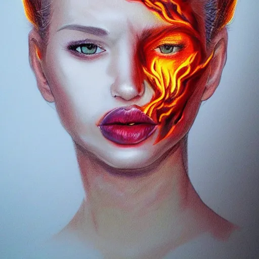 Prompt: artistic drawing of beautiful female face, with skin from flames, hair from flames, eyes from flames, body from flames and everything else made entirely from flames, trending on Artstation