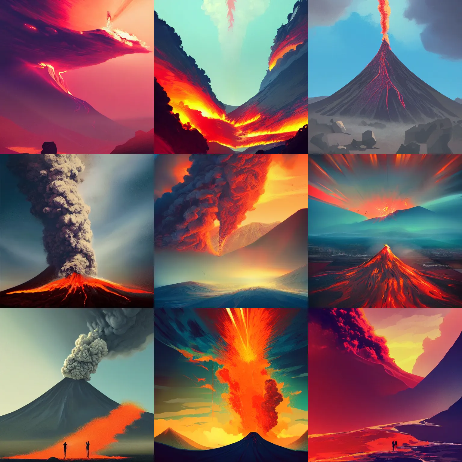 Prompt: volcano eruption, plumes of smoke and ash, rays of sunlight, dramatic lighting, dynamic view, by alena aenami, digital art, concept art, trending on artstation