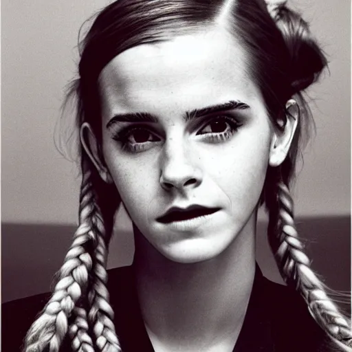 Prompt: Emma Watson closeup face shoulders pigtail braided hair Vogue fashion shoot by Peter Lindbergh fashion poses detailed professional studio lighting dramatic shadows professional photograph by Cecil Beaton, Lee Miller, Irving Penn, David Bailey, Corinne Day, Patrick Demarchelier, Nick Knight, Herb Ritts, Mario Testino, Tim Walker, Bruce Weber, Edward Steichen, Albert Watson