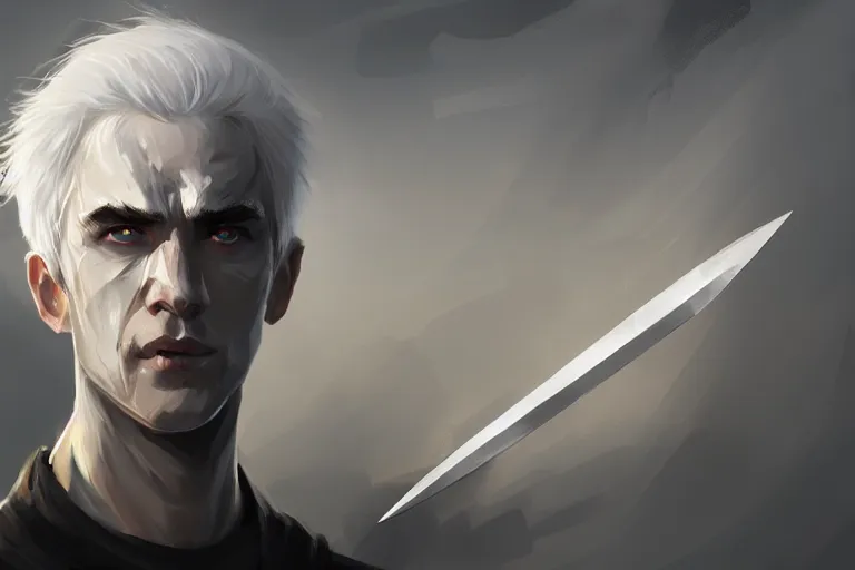 Image similar to « man, white hair, eyes as a flame of fire and out of his mouth came a sharp two - edged sword, grim - lighting, high - contrast, intricate, elegant, highly detailed, digital painting, artstation, concept art, smooth, sharp focus, illustration »