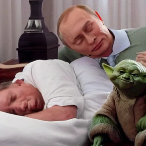 Image similar to putin sleeping in bed next to yoda