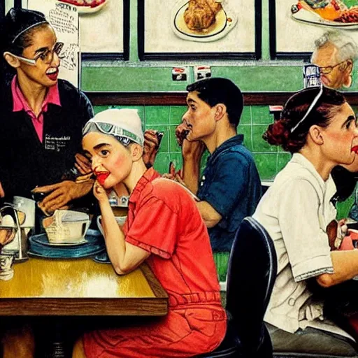 Prompt: Alexandria Ocasio-Cortez in a diner, by Norman Rockwell