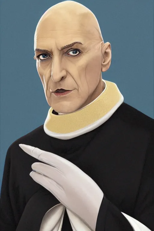 Image similar to a bald pale sorcerer in his late ninetees. stately and dour in his expression. eyeliner accentuates his sunken eyes. a high black turtleneck covers his thin neck. opulent white golden red robe. white leather gloves with gold decoration, his face a mix of steeve jobs and benedict xvi, sharp focus, art by magali villeneuve