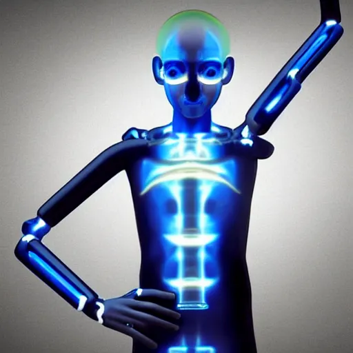 Image similar to An AI who has sublimated into a physical form that is humanoid and male. He has a long face, and his body is slender and graceful. He has a head, a torso, arms and legs but he doesn't look like a human being at all. He has a modern mechanical aesthetic. His skin is blueish transparent and you can see the energy inside him, with a glowing blue liquid running from his core through his body as blood would in a human being.