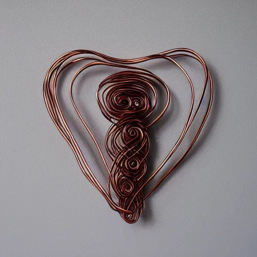 Image similar to a very beautiful tiny ( ( ( ( human heart ) ) ) )!!!!!!!!!!!!!!!!!!!!!!!!! organic sculpture made of copper wire and threaded pipes, very intricate, curved. studio lighting, high resolution, high quality, black background