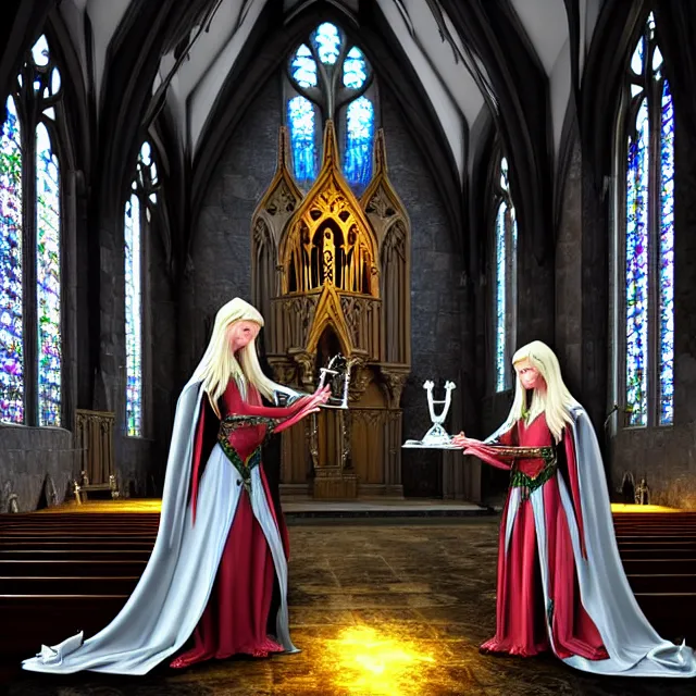 Image similar to an elf queen and ice queen in a gothic church, highly detailed, 4 k, hdr, smooth, sharp focus, high resolution, award - winning photo, close up, illustrated by anne stokes, photorealistic