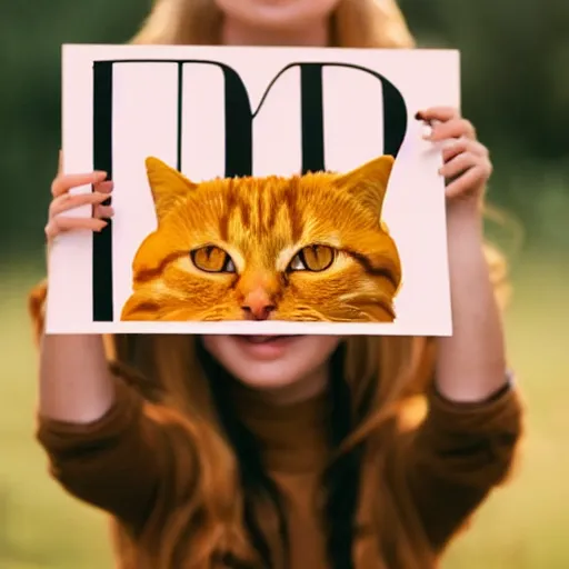 Image similar to golden hours, cute orange tabby cat holding a sign that says