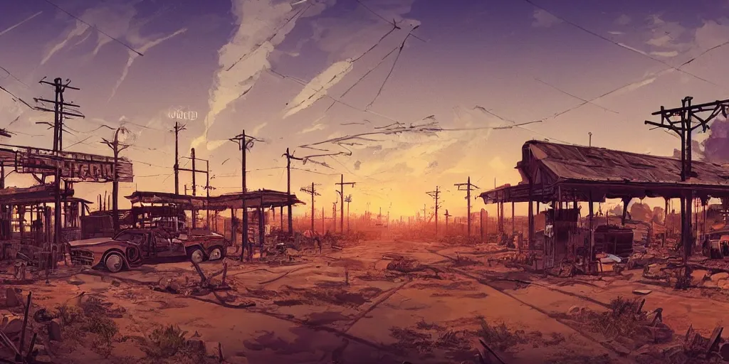 Image similar to train station roadside old west saloon cyber punk post apocalyptic telephone poles cactus graveyard sunset sky clouds illustration by syd mead artstation 4 k 8 k graphic novel concept art matte painting