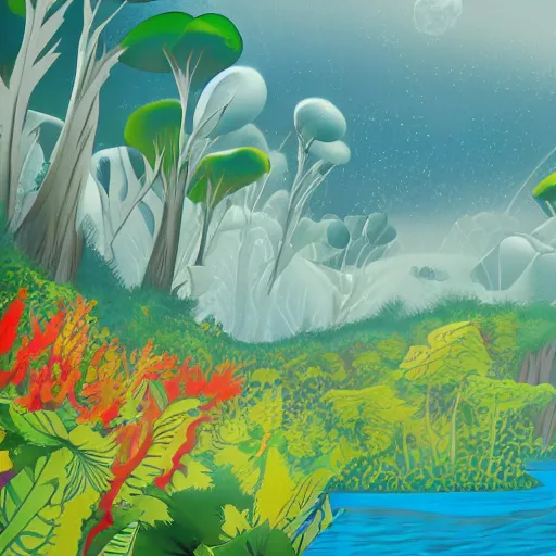 Prompt: illustration of a lush natural scene on an alien planet by djamila knopf. detailed. beautiful landscape. colourful weird vegetation. cliffs and water.