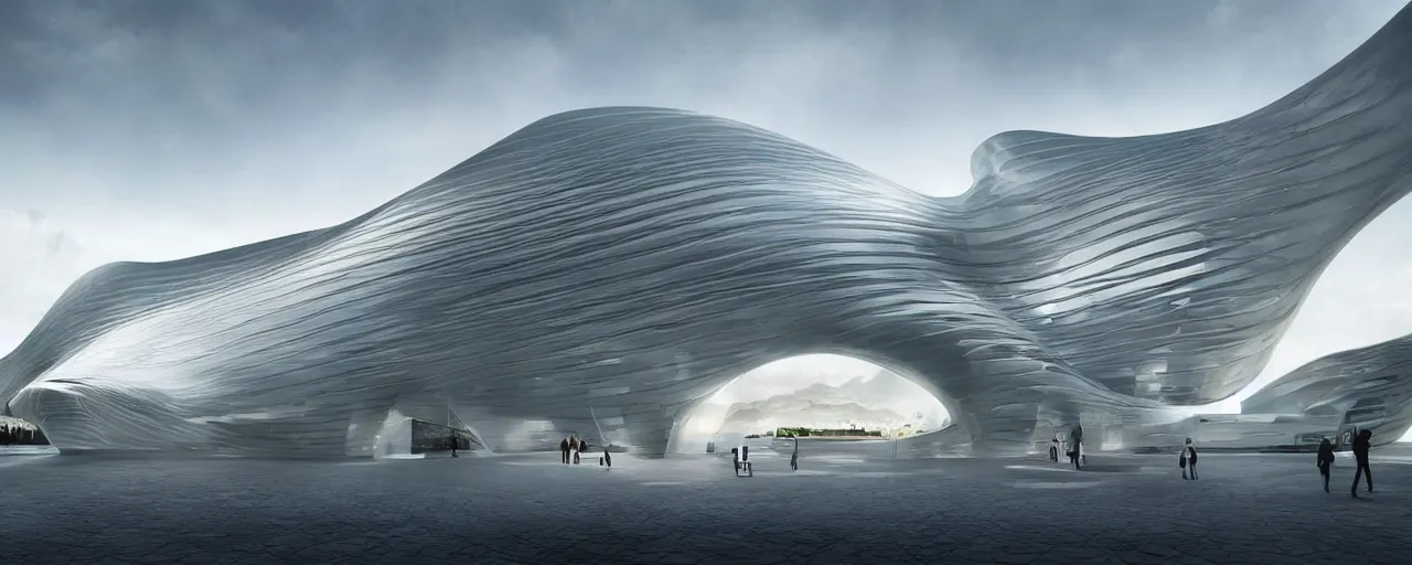 Image similar to futuristic museum, harmony, elegant, photorealistic, epic, high detailed, by zaha hadid