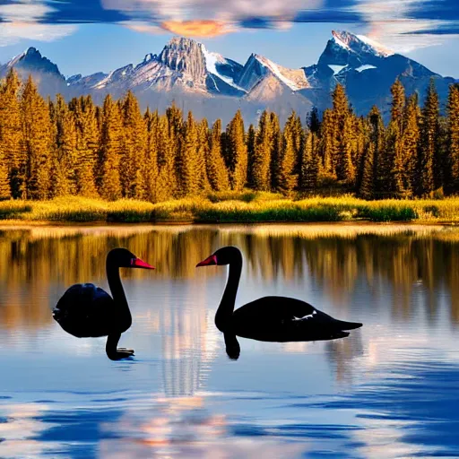 Image similar to photo of two black swans touching heads in a beautiful reflective mountain lake, a colorful hot air balloon is flying above the swans, hot air balloon, intricate, 8k highly professionally detailed, HDR, CGsociety