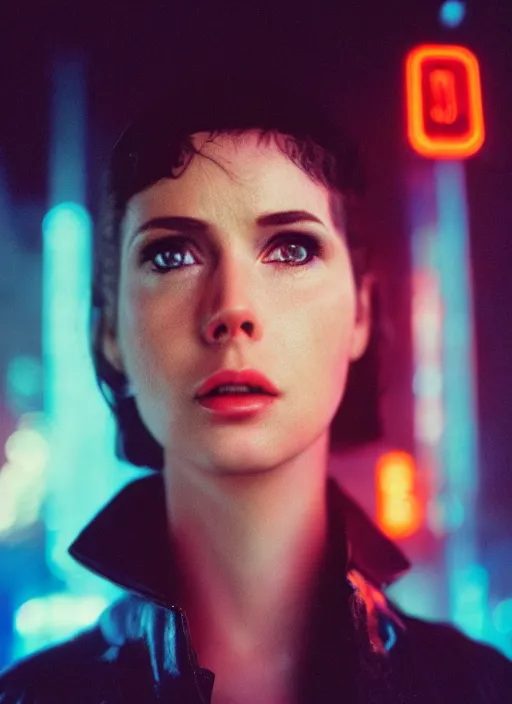 Image similar to A hyper realistic and detailed head portrait photography of a Rachael of Blade Runner on a futuristic street. by Cameron Hammond. Neo noir style. Cinematic. neon lights glow in the background. Cinestill 800T film. Lens flare. Helios 44m