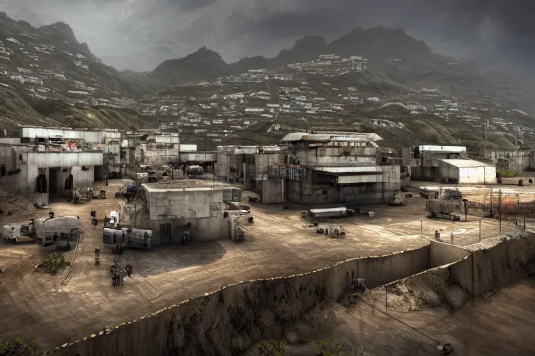 Image similar to favela hospital hangar bunker, desert environment, industrial factory, cliffs, gloomy, milky way, award winning art, epic dreamlike fantasy landscape, ultra realistic,