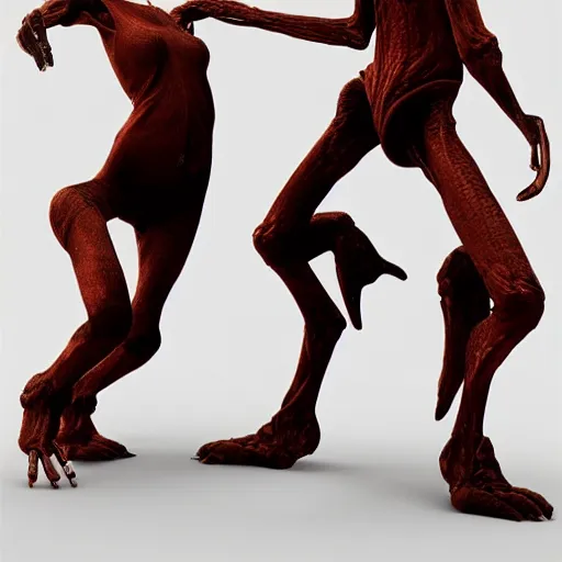Prompt: Two elegant humanoid creatures, back to back, fused at the shoulders dancing on their pointy limbs. Award-winning digital art, trending on ArtStation