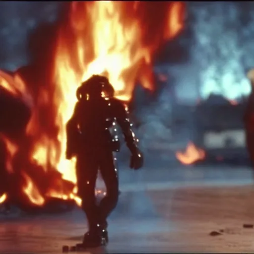 Prompt: Liquid metal T-1000 emerging from a burning fire, movie still from Terminator 2: Judgement Day