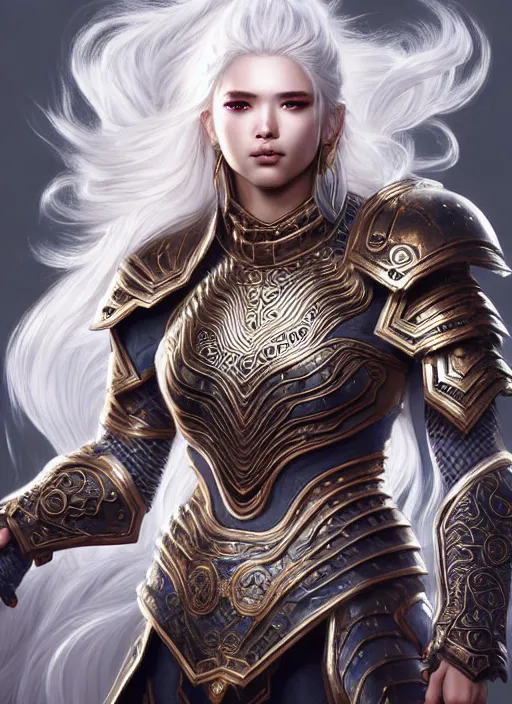 Image similar to warrior, intricate ornate opal heavy armor!!! beautiful and athletic white hair female!! gorgeous face and eyes!! character concept art, sharp focus, octane render! unreal engine 5! highly rendered!! trending on artstation!! detailed linework!! illustration by artgerm, wlop, and chie yoshii