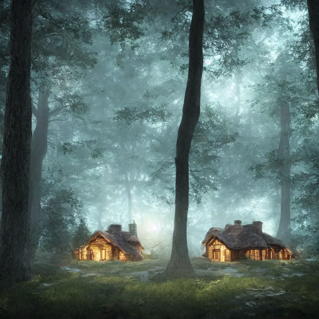 Image similar to a cottage in the woods , fantasy, hyper realistic, dramatic lighting, 8k