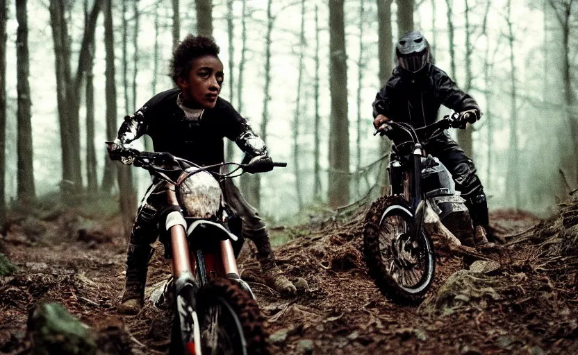 Prompt: cinestill 5 0 d candid photographic portrait by helen levitt of a mixed teen wearing rugged black mesh techwear riding on a dirtbike through a deep forest, extreme closeup, modern cyberpunk moody emotional cinematic, snow storm, 8 k, hd, high resolution, 3 5 mm, f / 3 2, ultra realistic faces, ex machina