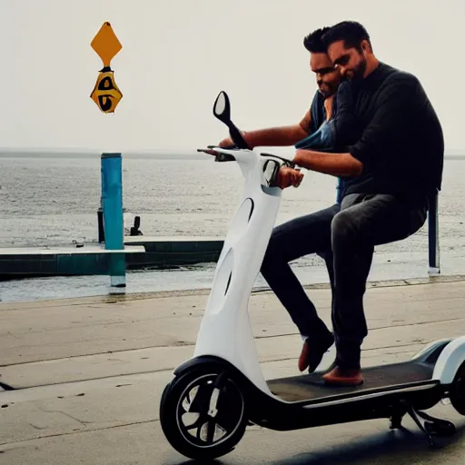 Prompt: A seagull sitting on top of a man, who is riding an electric scooter