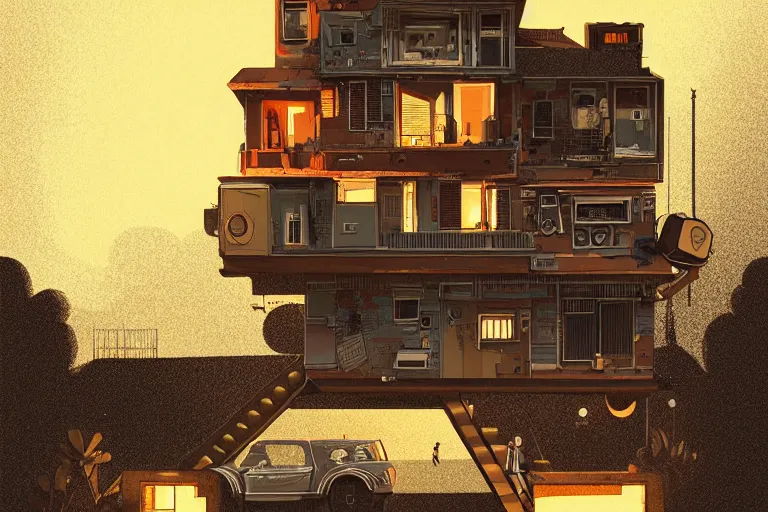 Prompt: a stunning and detailed illustration of a house shaped like a boombox by james gilleard, 8 k, award winning art, unique architecture, rembrandt lighting