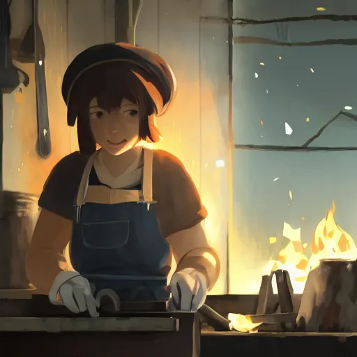 Image similar to a full body portrait of the short and fiery blacksmith Kitty with a beard at her forge, blacksmith's outfit, inside building, makoto shinkai, james gilleard, very detailed, matte, gaussian blur, tone mapped, Akihiko Yoshida.