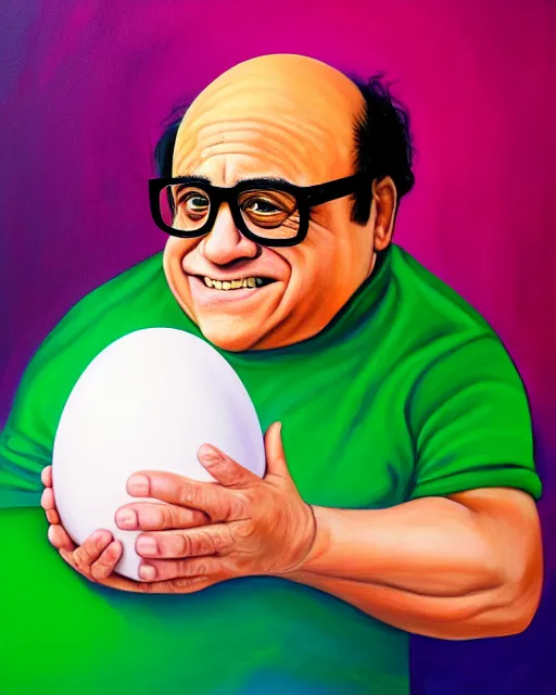 Image similar to painting portrait of danny devito as an egg, cartoon, warm lighting, danny devito has an egg body, movie poster, illustration by bartek fedyczak, erak note, tooth wu, neil richards, kan liu, siwoo kim, jisu choe, trending on art station