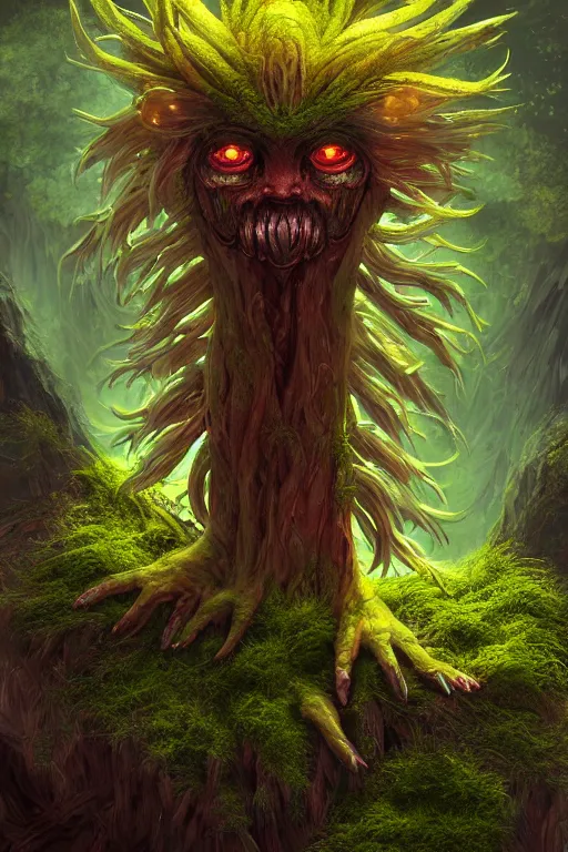 Prompt: a glowing humanoid figure plant monster with large eyes, highly detailed, digital art, sharp focus, trending on art station, moss, anime art style