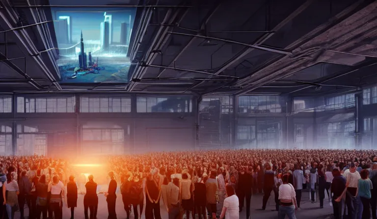 Image similar to crowd of people in walled warehouse, looking at hologram of futuristic city on a table, cinematic concept art, godrays, golden hour, natural sunlight, 4 k, clear details, tabletop model buildings, center model buildings, hologram center, crane shot, crane shot, crane shot