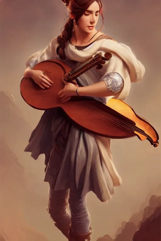 Image similar to beautiful bard holding a lute, accurate anatomy, only two hands, highly detailed, digital painting, artstation, concept art, smooth, sharp focus, illustration, Unreal Engine 5, 8K, art by Artgerm and greg rutkowski