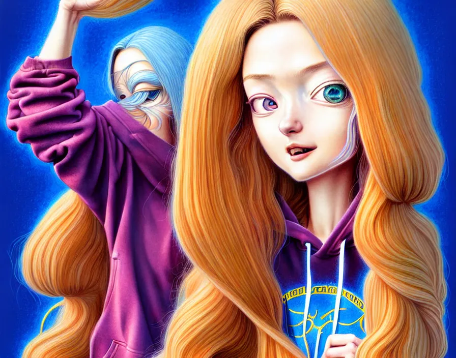 Image similar to richly detailed colored pencil 3D illustration of a beautiful polish woman with long metallic hair wearing a hoodie and short shorts that is evil and happy. mirrored background with completely rendered reflections, art by Range Murata and Artgerm.