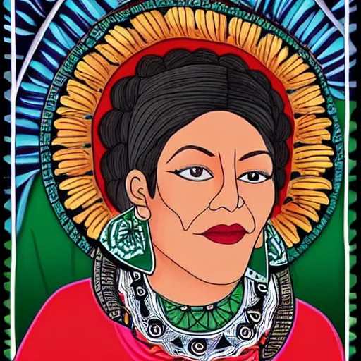 Prompt: beautiful illustration of a mexican woman of 4 0 years old, with curly black and silver hair, the woman has beautiful black eyes, her skin is light brown, she is dressed in shaman clothes, in the style of diego rivera