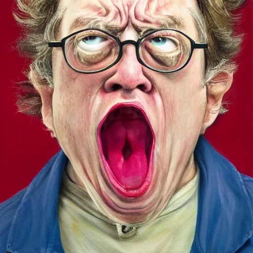 Prompt: high quality high detail painting of todd solondz portrait, angry, showing strong annoyance, displeasure, or hostility ; full of anger, by lucian freud and francis bacon, hd, photorealistic lighting