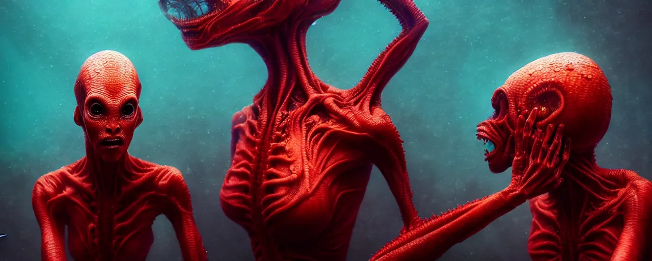 Image similar to ultra realistic horror photo of a dimly lit red female alien creature underwater, very intricate details, focus, full frame image, curvy, model pose, artwork by tooth wu and wlop and beeple and greg rutkowski, award winning