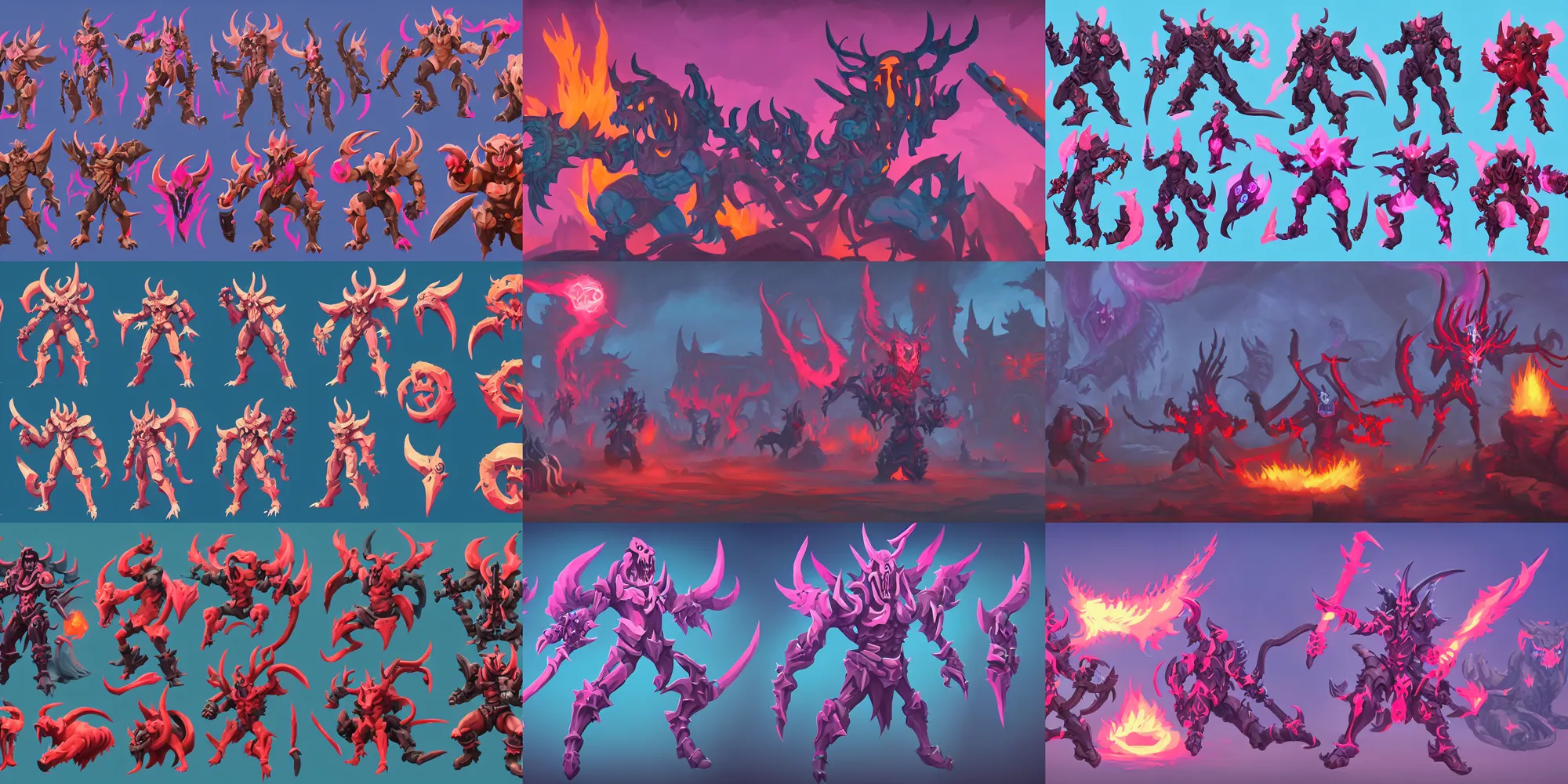 Prompt: game asset of demonic hell, in gouache detailed paintings, props, stylized, 2 d sprites, kitbash, arcane, overwatch, blue and pink color scheme, 8 k, close up