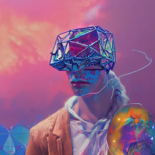 Image similar to surreal vaporwave painting, by yoshitaka amano, by ruan jia, by conrad roset, by kilian eng, by good smile company, incredibly detailed, of floating molecules and a mannequin artist holding an icosahedron with stars, clouds, and rainbows in the background, cgsociety, artstation, modular patterned mechanical costume and headpiece, vaporwave atmosphere