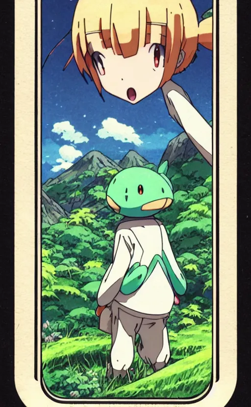 Prompt: a pocket monster go card from 1 9 5 0, illustration, clear sky background, lush landscape, concept art, anime key visual, trending pixiv fanbox, by wlop and greg rutkowski and makoto shinkai and studio ghibli and kyoto animation and ken sugimori, symmetrical facial features, short hair, hair down, beetle breeder, box art