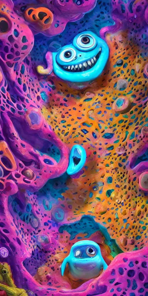 Image similar to of a colorful deep sea cave with strange cute friendly happy creatures with huge eyes, mouth, long tongue and round teeth appearing from sandy coral, in the style of gehry and gaudi, macro lens, shallow depth of field, ultra detailed, digital painting, trending artstation, concept art, illustration, cinematic lighting, photorealism, epic, octane render